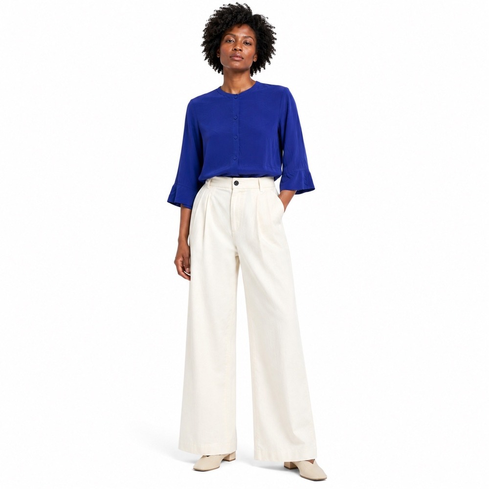 Eileen Fisher Blouse 100% Silk Royal Blue Mandarin Quiet Luxe Minimalist Women S